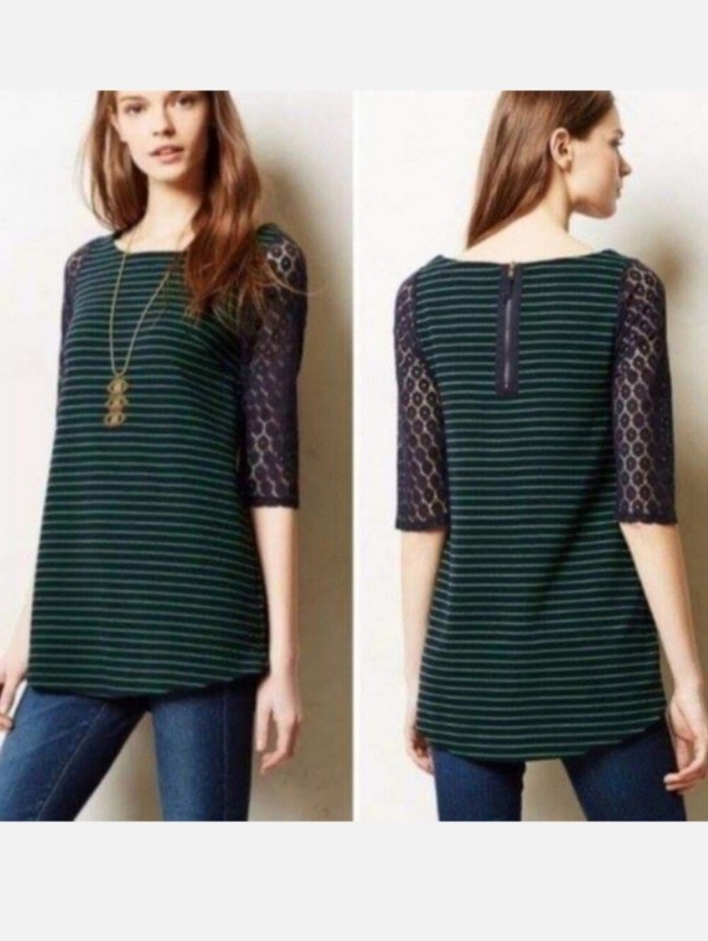 Anthro Postmark green navy tunic top S